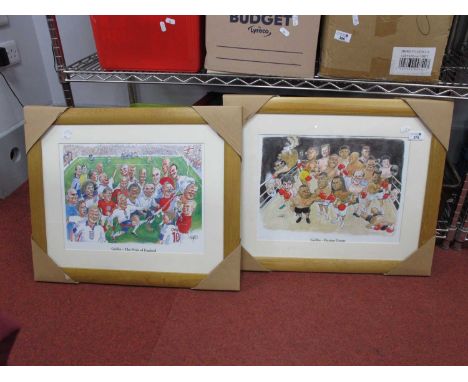After Griffin 'Boxing Greats' and 'The Pride of England' coloured caricature prints, approximately 27 x 38cm. (2)