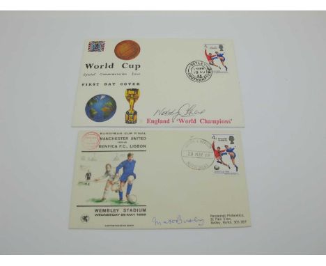 Matt Busby Autograph, blue ink signed (unverified) on a 1968 Manchester United v. Benfica First Day Cover. Nobby Stiles autog