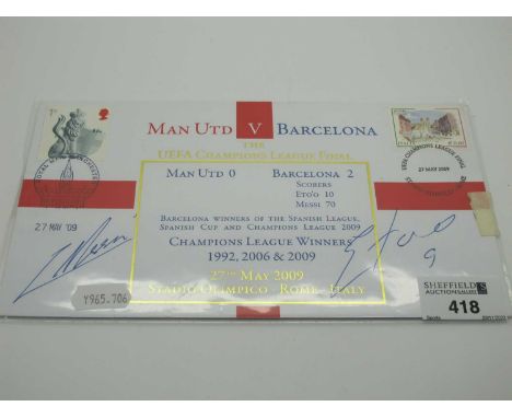 Lionel Messi and Samuel Eto'o Autographs, blue ink signed (unverified) on a 2009 Champions League Final First Day Cover.