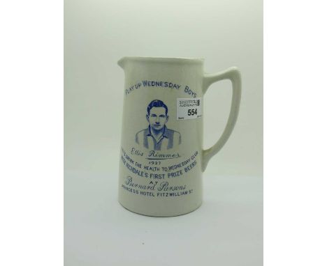 Sheffield Wednesday 1937 Pottery Jug Featuring Image of Ellis Rimer, Play Up Wednesday Boys, with Rochdale's first prize beer