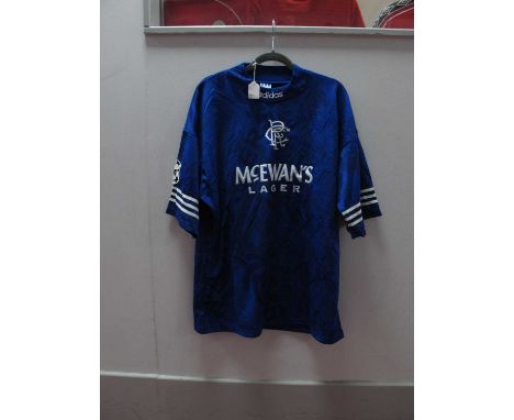 Glasgow Rangers Blue Adidas Match Shirt for The Champions League 1995-6, with Champions League arm patch, size XL, numbered '