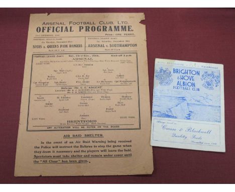 1944-5 Arsenal Programmes v. Brentford dated December 23rd, 1944, away at Brighton dated January 20th, 1945 (stain to top lef