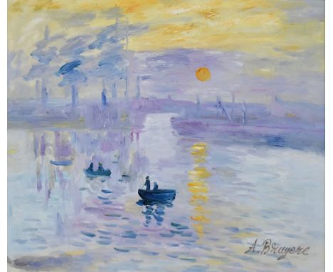 A 20th century continental school impressionist oil on board, colourful industrial river scene with boats and figures at sunr