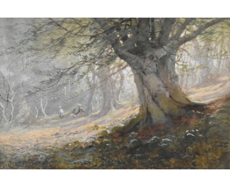 L Chappell, painted woodland scene, a large tree dominates the composition with atmospheric light entering from the right of 