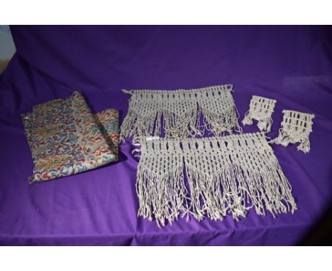 Two circa 1880 Macramé window pelmets, two epaulettes and a piece of Victorian printed linen.