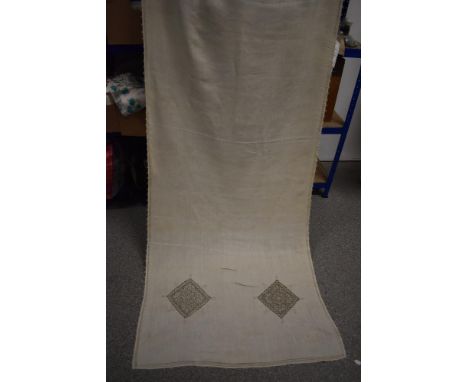 A vintage long linen Greek lace curtain.
approx 32" by 96".