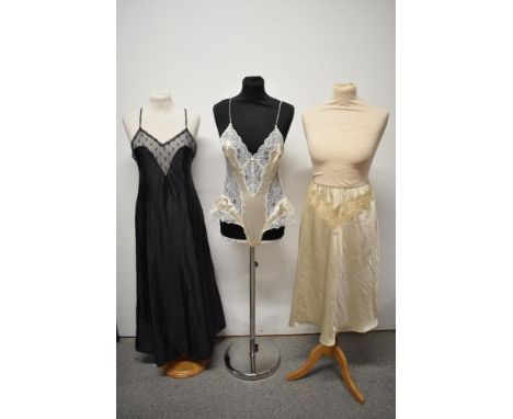 A vintage 1980s David Nieper silky lace teddy, appears unworn, a 1960s Lux Lux black nightdress/slip, with cross over back an