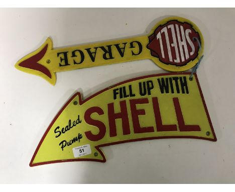 Two cast iron signs - Shell Arrow Garage  