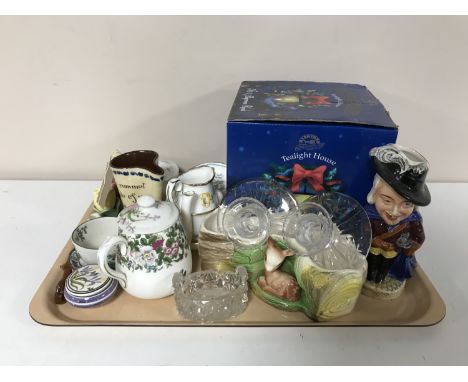 A tray of boxed Ringtons tea light house, character jug, glass ware, Devon ware vase, Wedgwood dishes etc 