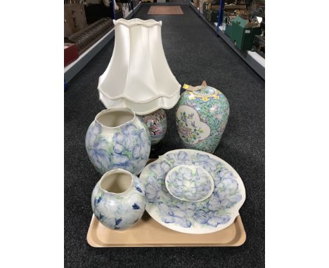 An oriental style lidded pumpkin jar, pair of pottery vases, pair of shallow bowls decorated with flowers and table lamp with