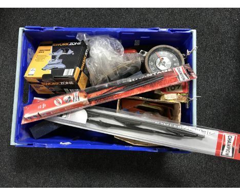 A box of hand tools, bench vice and a box of suction vice, socket set, speedometer etc 