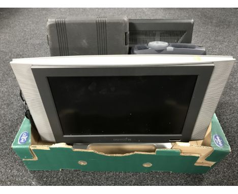 A box of two lcd tv's, in-focus tv projector, cased multi tool set, Manifrotto camera tripod etc