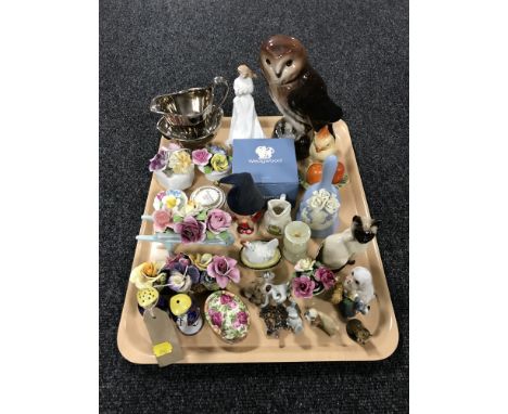 A tray of Beswick Persian cat, Royal Doulton figure Thank You, posies, Winton lustre milk jug, Wade whimsies etc 