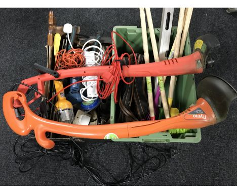 Two boxes of hand tools, power tools, two strimmers etc 