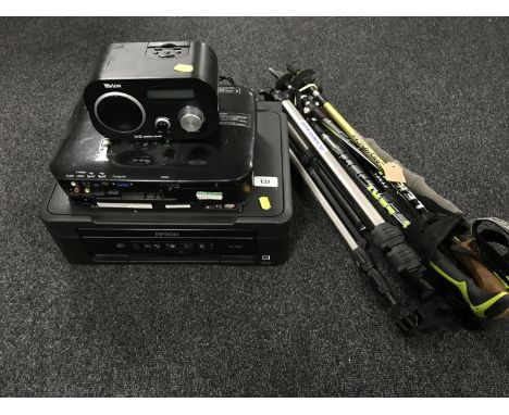 An Epson colour printer together with an Epson tv projector tevion alarm clock, Jessop camera tripod and an bundle of telesco