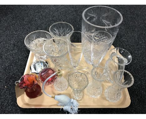 A tray of lead crystal glass ware - Stewart Crystal perfume bottle, vases, pair of crystal horn vases, two paperweights and a