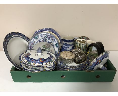 Two boxes and a crate of Crown Ducal dinner ware, Beswick bowls, planters, toilet jugs, Ringtons ware, cased cutlery, glass w