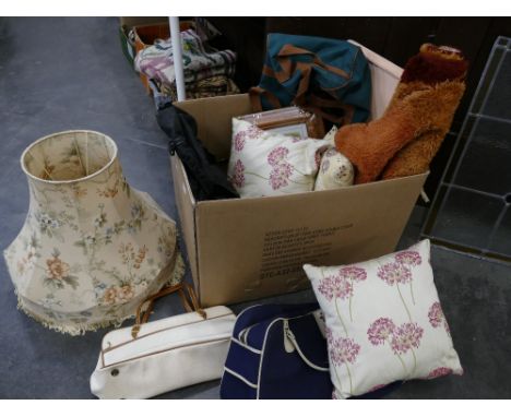 Box of cushions, vintage bags, lamp shade, picture, rug etc 