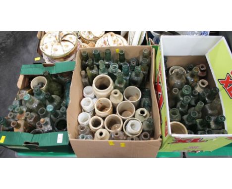 Three boxes of vintage chemist bottles and stoneware jars and ointment bottles etc 