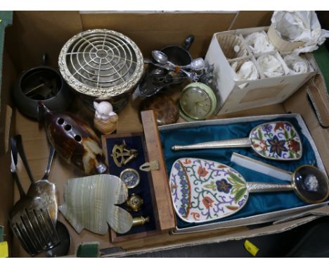 Boxed dressing table set, glassware, pottery ornaments, metalware etc  