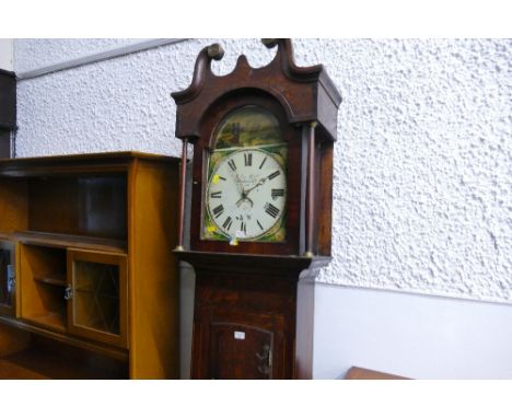 John Hill Bakewell late 19th century oak and mahogany longcase clock with swans neck and pillar hood with arched painted pict