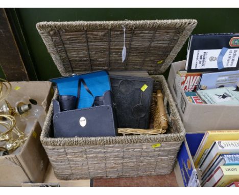 Wicker hamper, wicker basket, antique bible and a pair of Commodore 16 x 50 binoculars 