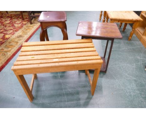 Oak slatted stool together with an occasional table and a plant stand 