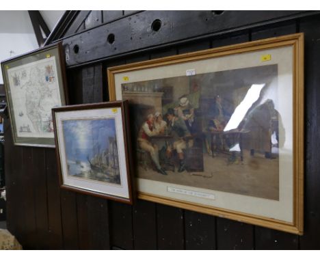 Late 19th/early 20th century framed print "The Story of The Allotment", harbour print and copy Map of Cumberland 