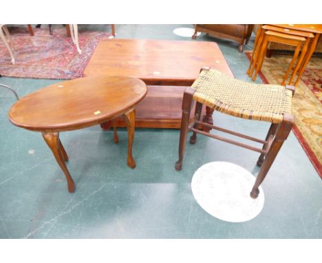 Tall oak stool with rattan seat, pine coffee table and oval coffee table 