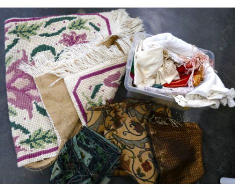 Box of fabric, tapestry rug etc 