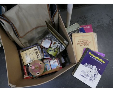 Box of sheet music, bag, vintage children's card games etc  