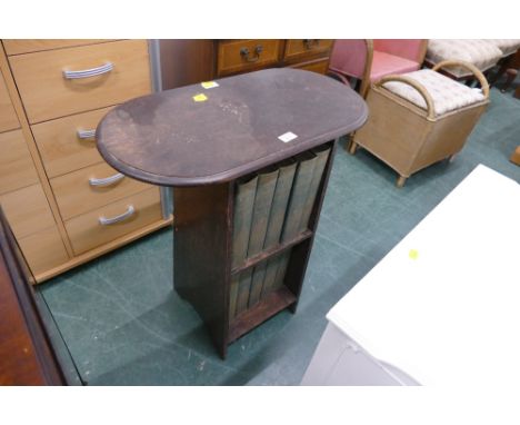 Edwardian oak bookcase, occasional table with ten volumes of the Children's Encyclopaedias by Arthur Mee 