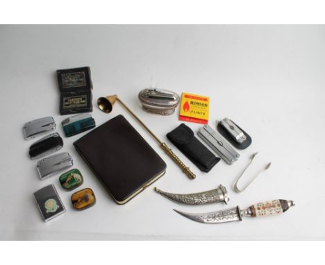 Ornamental dagger, candle snuffer, lighters etc  