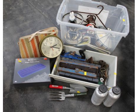 Hand tools, socket set, inflatable airbed, lamp, clock etc