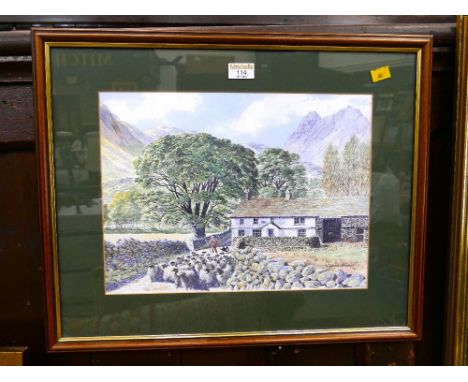 Lake District print, cottage, shepherd and sheep 