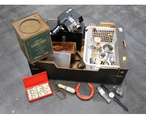 Bell & Howell cine camera, vintage chemists tin, metal trinkets, horseshoes, watches, etc