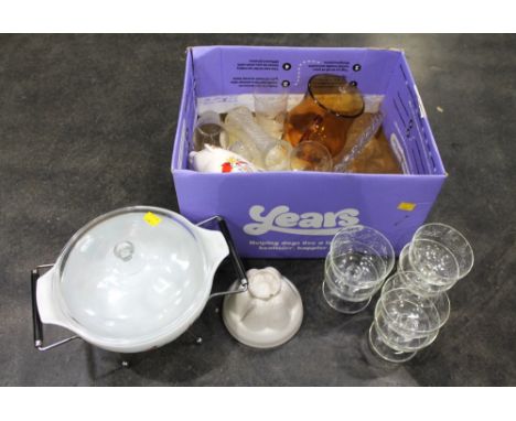 Three boxes of glassware, including a JAJ hunting scene hotplate