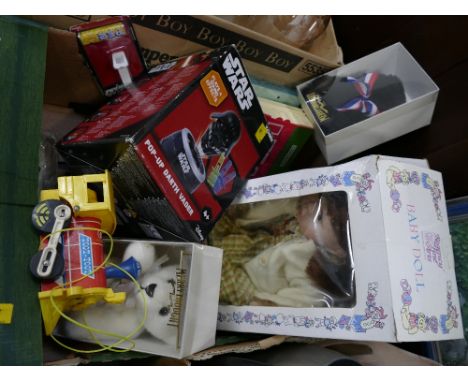 Box of vintage children's toys including Merry Thought bears, pop up Star Wars Darth Vader, Fisher Price Toot Toot train 