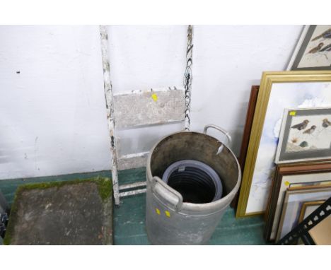 Alloy milk churn type vessel, plastic planter and two step ladder