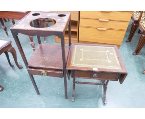 Late Georgian washstand and occasional table with green tooled leather top 