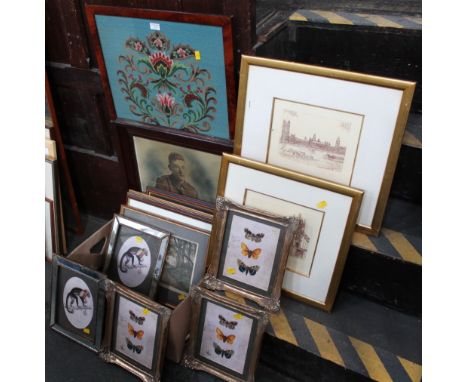 Framed tapestry needlework and collection of prints, framed photograph and pictures