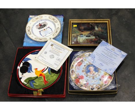 Boxed limited edition Wedgwood Clarice Cliff Bird of Paradise plate, Royal Albert and Aynsley Royalty Commemorative plaques a