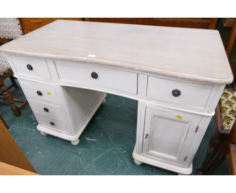 Modern limed and white painted dressing table with drawers and cupboard, height 80 cm, width 120 cm, depth at the centre 57.5