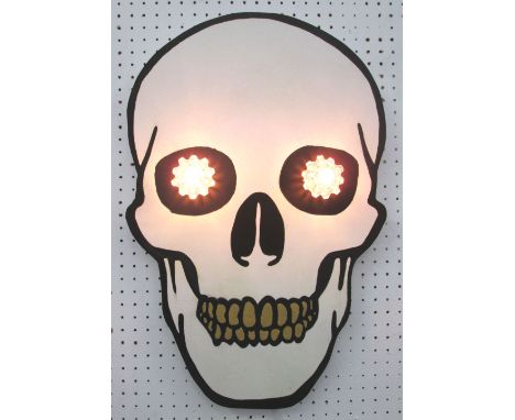 SKULL SIGNAGE, by Bee Rich, graphic hand painted skull done in a glow-in-the-dark paint, with light up eye socket detail 70cm