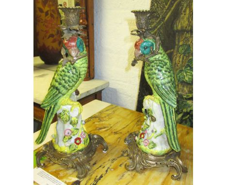 PARROT CANDLESTICKS, a pair, decorative ceramic with gilt metal mounts, 36cm H. (2)