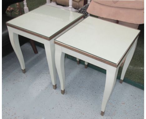 LAMP TABLES, a pair, in cream with glass tops and brass bound, 45cm x 45cm x 48cm H. (2)