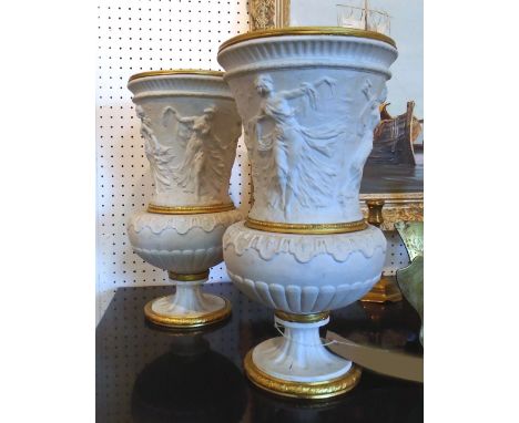 VASES, a pair, late 19th century parian style ceramic, of campana form with classical lady dancers, gilt rims, 37cm H. (2) (w