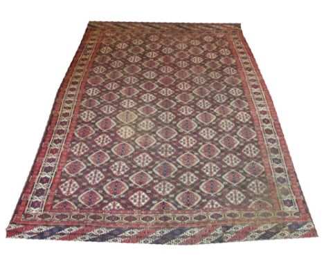 ANTIQUE TEKKE CHAUDOR CARPET, 347cm x 247cm, all over tribal gul decoration inside multiple geometric bands and borders (with