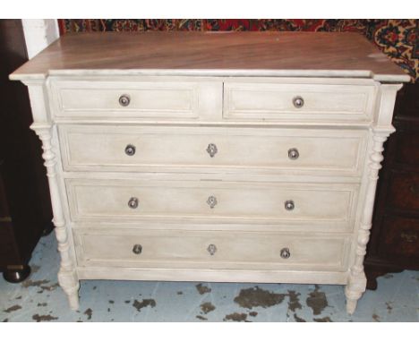 COMMODE, 19th century French traditionally grey painted Napoleon III with two short and three long drawers and inset marble t