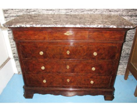 COMMODE, 19th century French Louis Philippe figured walnut with grey white veined marble, three short and three long drawers,